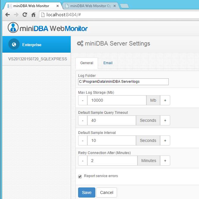 miniDBA Web Monitor options